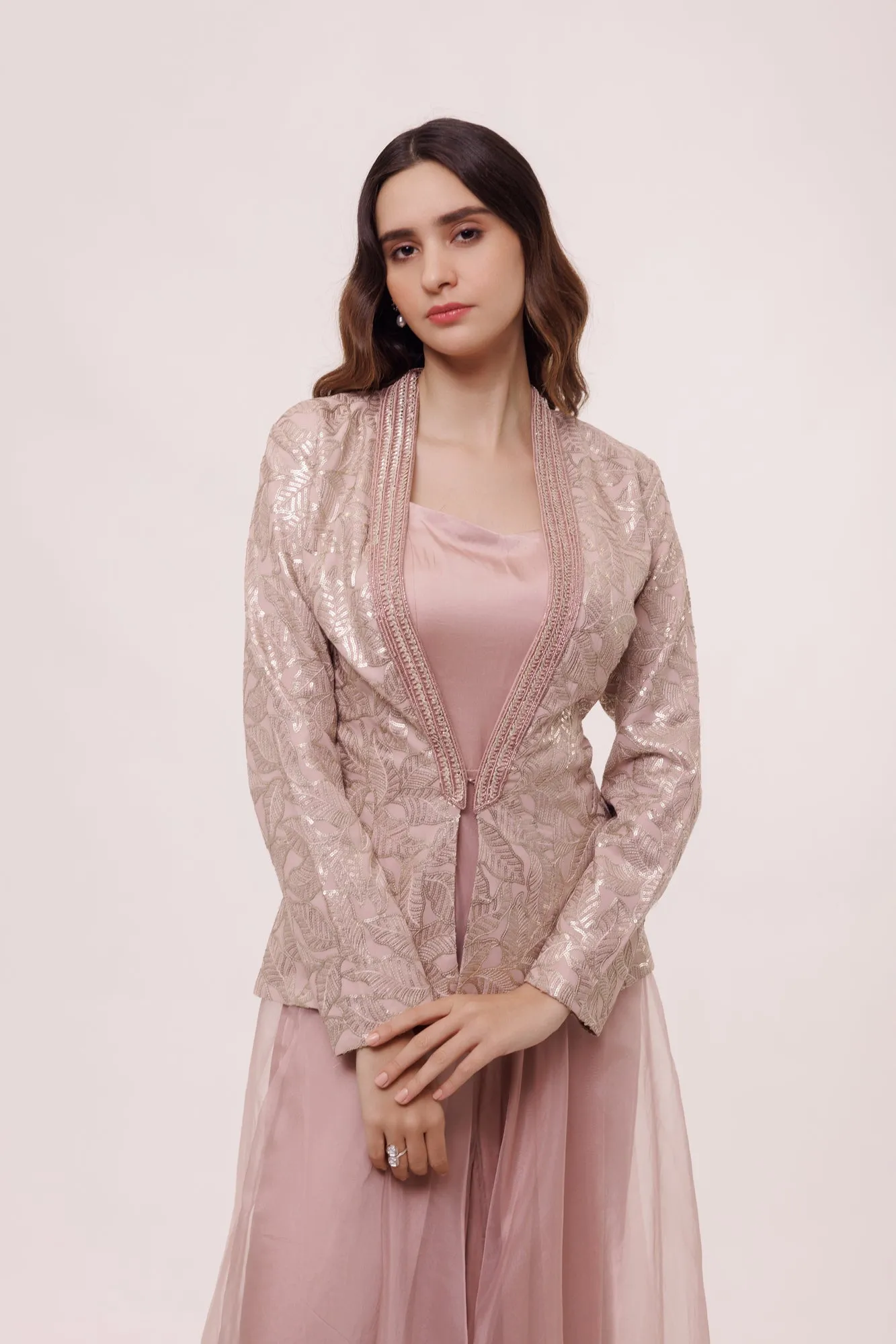 50Z949-RO Onion Pink Embellished Suit Set with Jacket