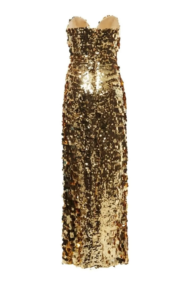 ARIEL GOLD STRAPLESS MIDI DRESS