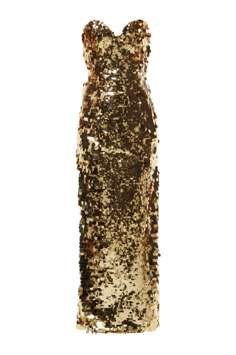 ARIEL GOLD STRAPLESS MIDI DRESS