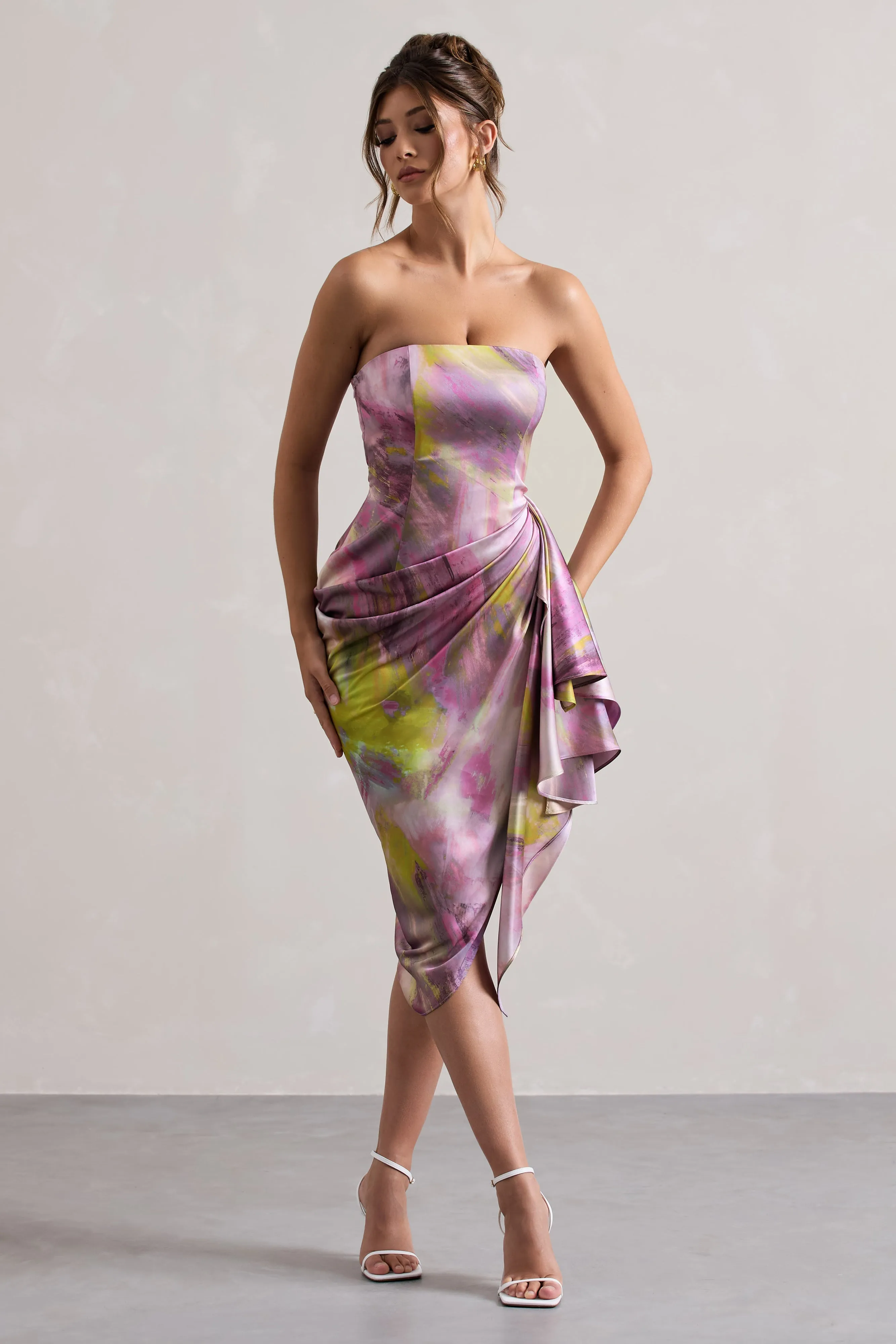 Axel | Lilac Print Satin Strapless Wrap Midi Dress