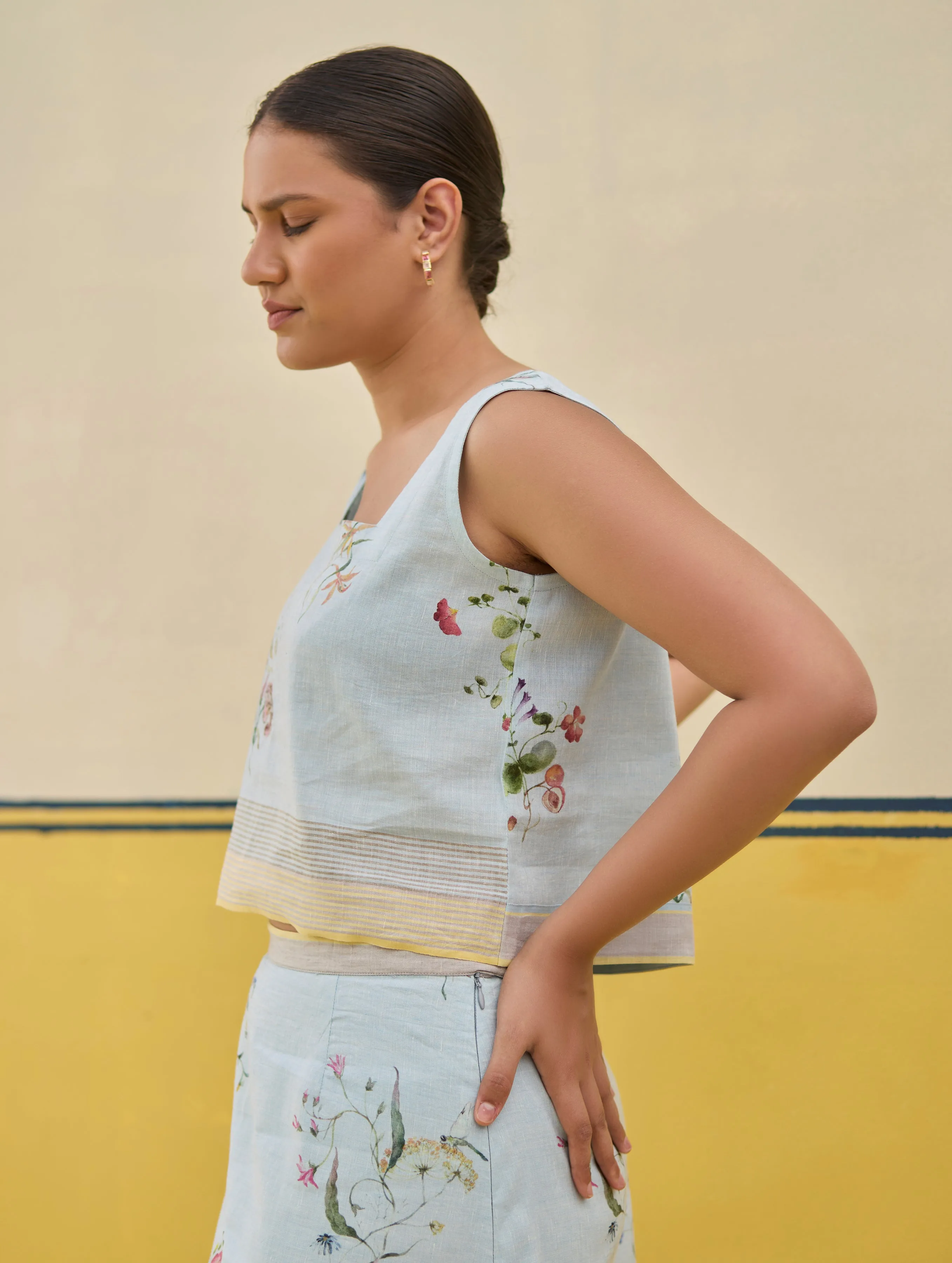 Ayaka Watercolor Floral Crop Top - Sky