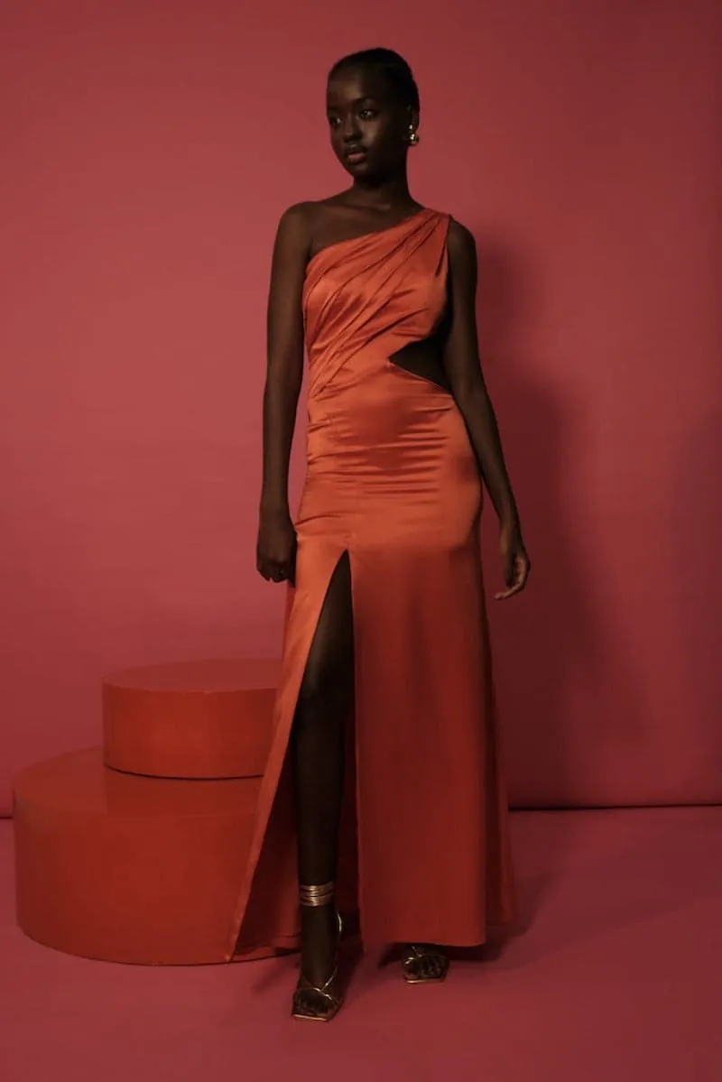 AZALEA APEROL ORANGE ASYMMETRICAL MAXI DRESS