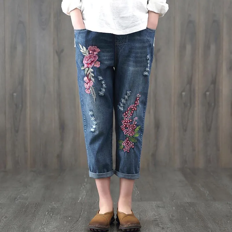 Babakud Chinese Style Embroidery Ethnic Loose Retro Denim Pants