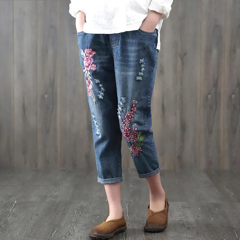 Babakud Chinese Style Embroidery Ethnic Loose Retro Denim Pants