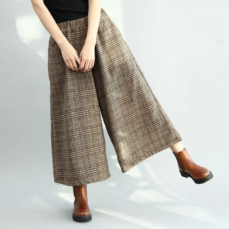 BABAKUD Winter Vintage Loose Plaid Cotton Linen Wide Leg Pants