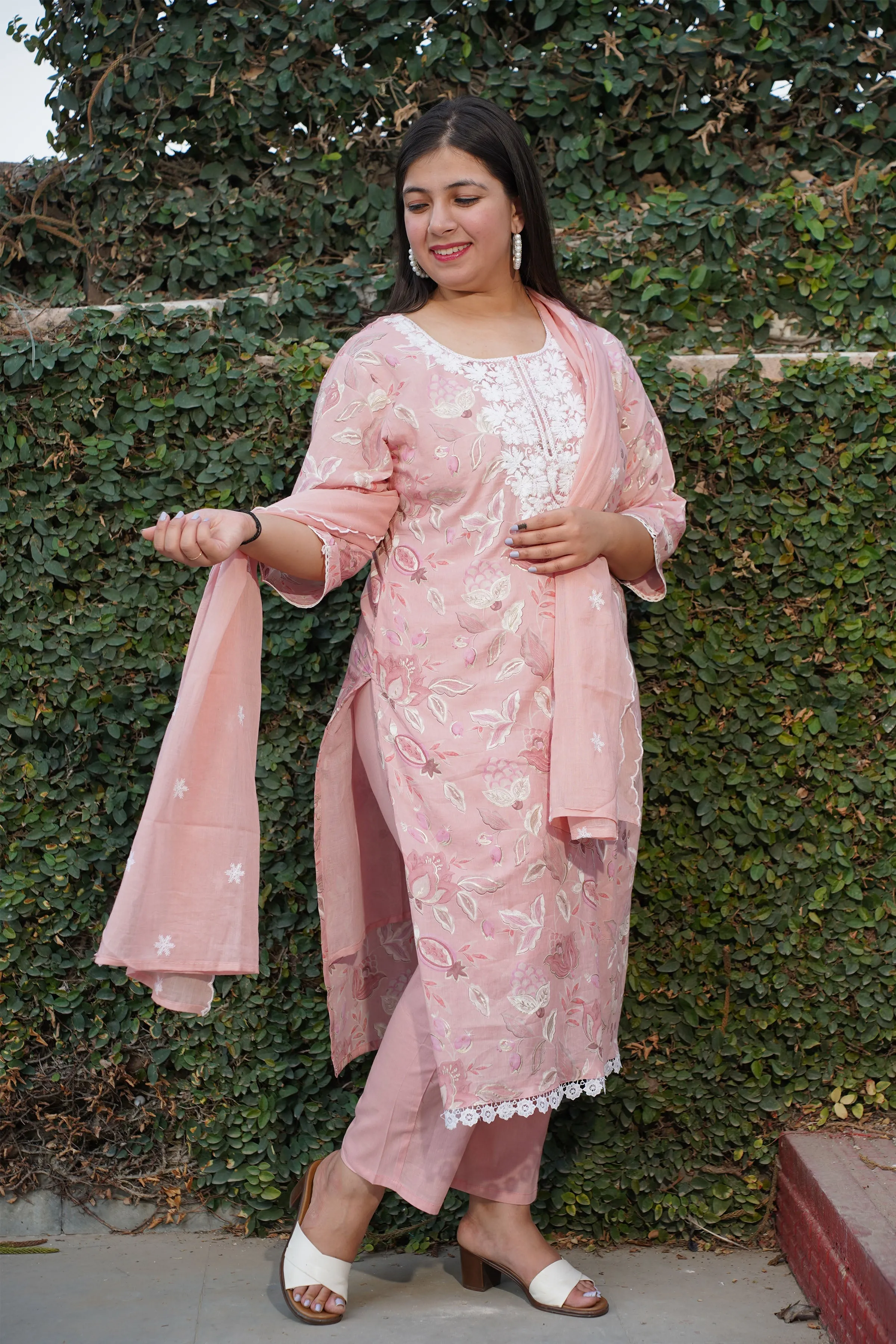 Baby Pink Floral Mul Cotton Suit Set