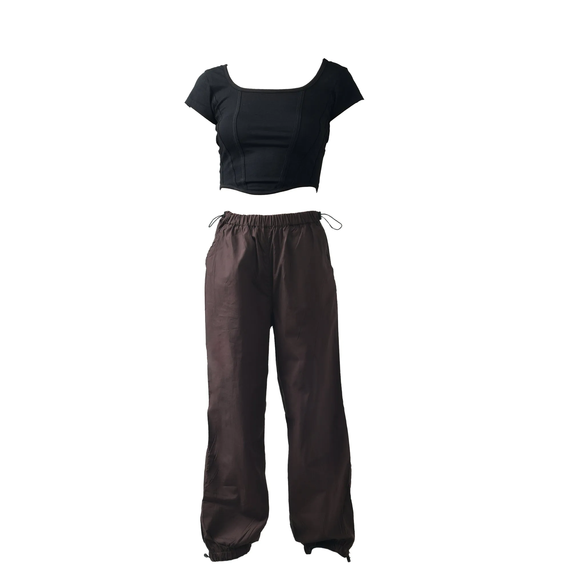 Black Corset Crop Top & Brown Parachute Pants