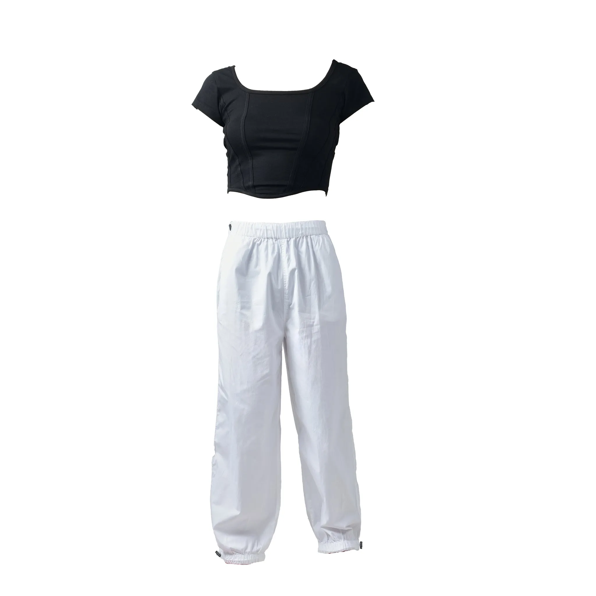 Black Corset Crop Top & White Parachute Pants