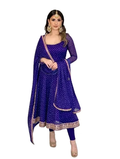 Blue Georgette Polka Dot Kurti with Dupatta