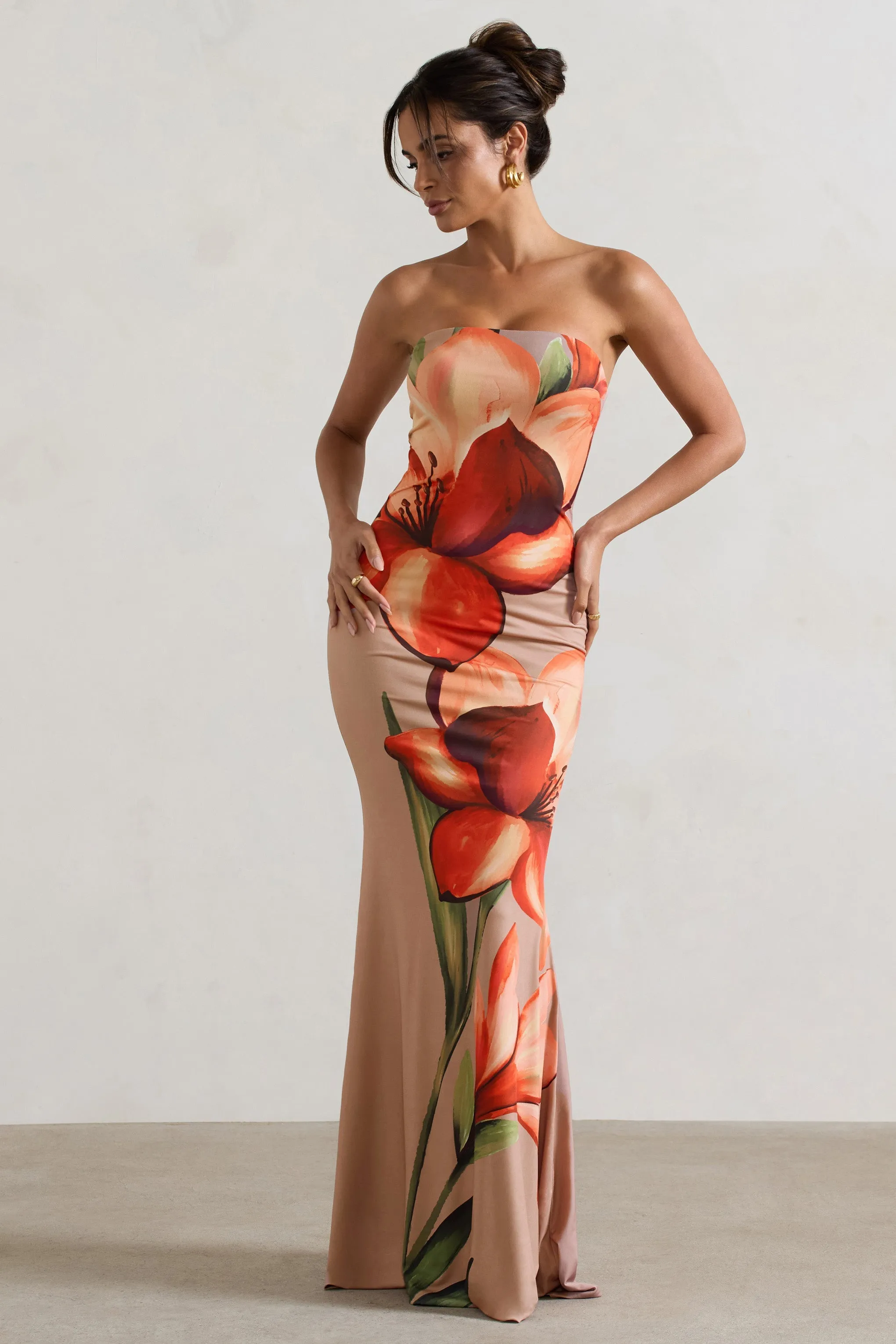 Elegant Orange and Mocha Floral Fishtail Maxi Dress with Bandeau Neckline for Special Ceremonies