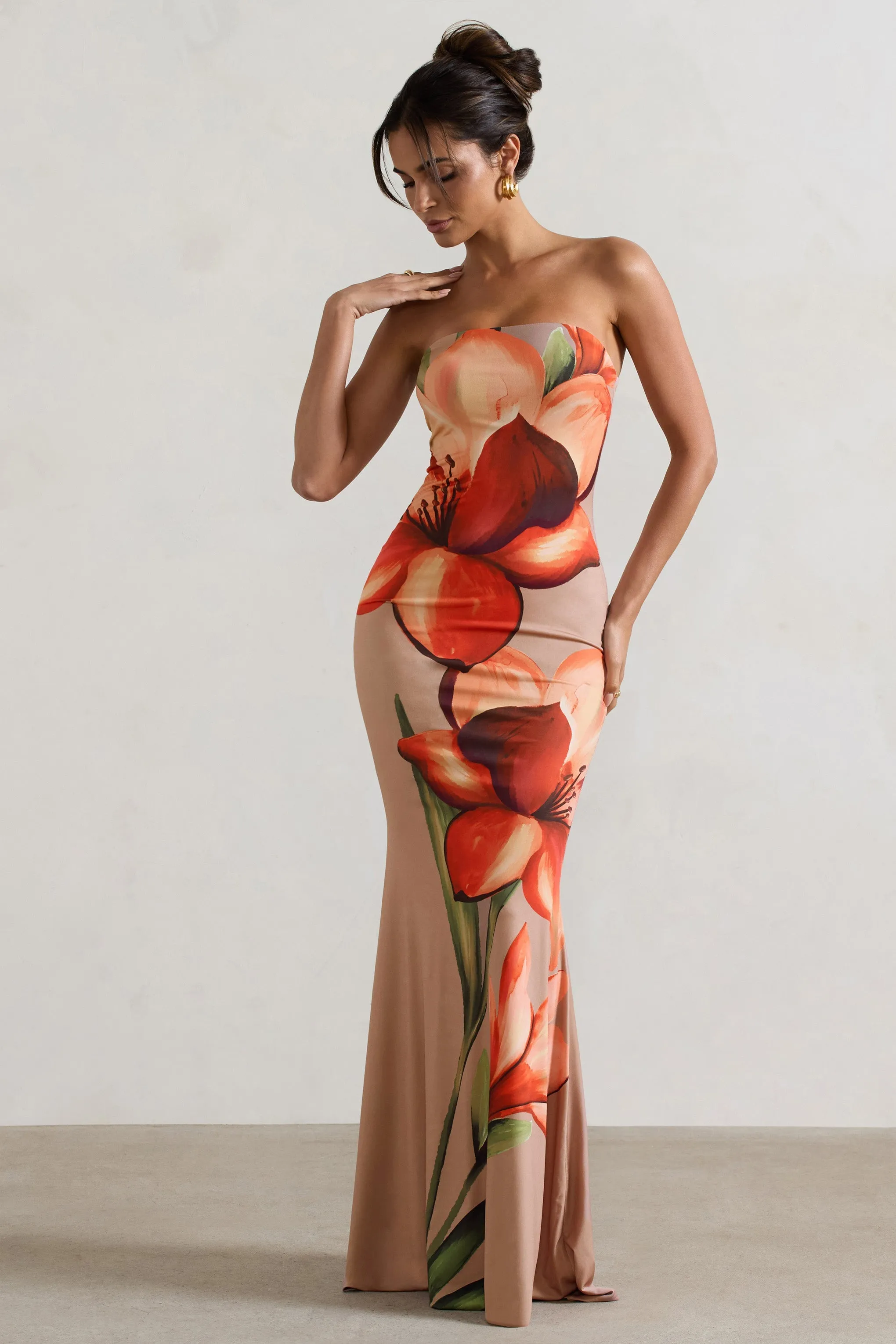 Elegant Orange and Mocha Floral Fishtail Maxi Dress with Bandeau Neckline for Special Ceremonies