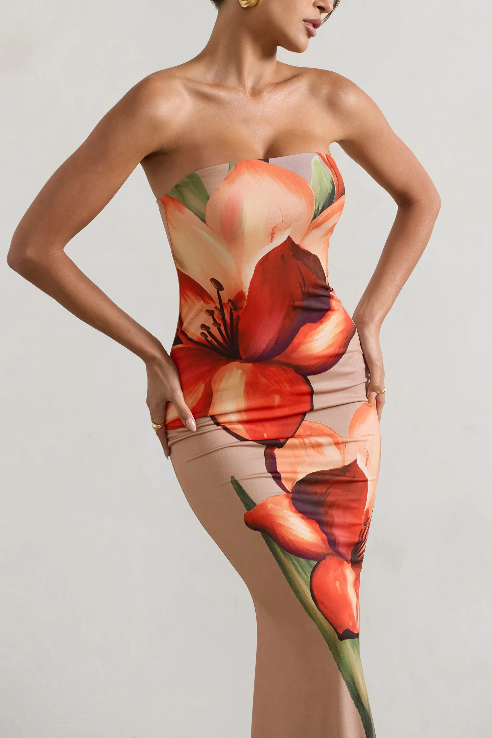 Elegant Orange and Mocha Floral Fishtail Maxi Dress with Bandeau Neckline for Special Ceremonies