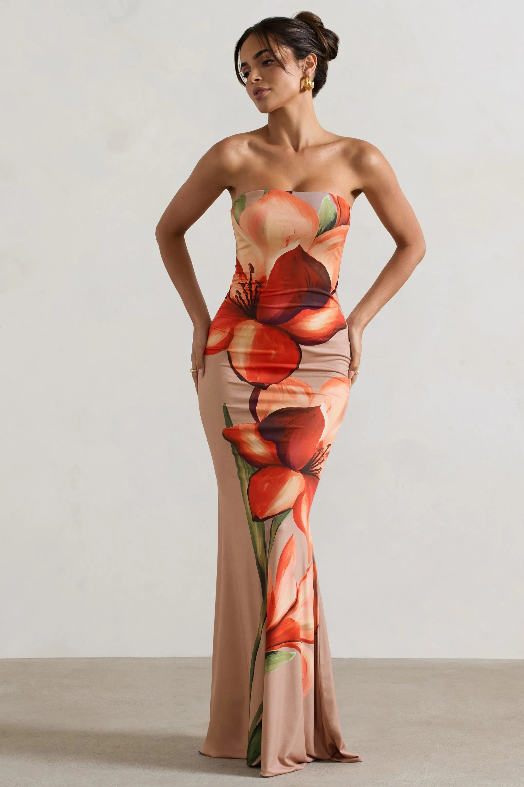 Elegant Orange and Mocha Floral Fishtail Maxi Dress with Bandeau Neckline for Special Ceremonies