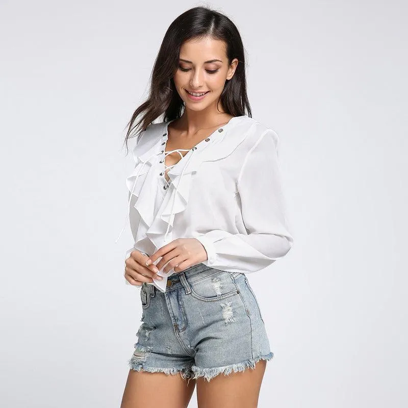 CHIFFON RUFFLED COLLAR LACE-UP TOP