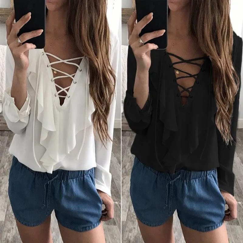 CHIFFON RUFFLED COLLAR LACE-UP TOP