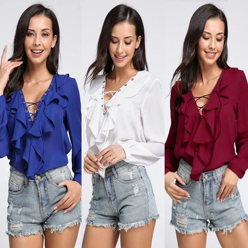 CHIFFON RUFFLED COLLAR LACE-UP TOP