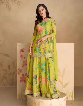 Chinon Silk Printed Floral Salwar  Suit Olive Green