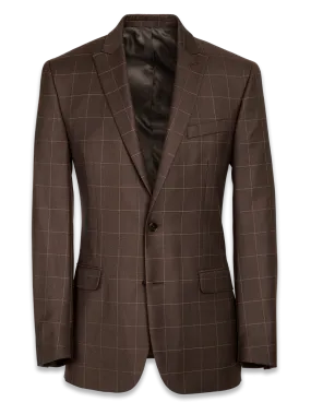 Classic Fit Essential Wool Peak Lapel Side Vents Suit Jacket - Brown Windowpane