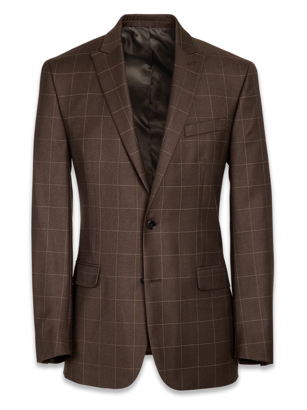 Classic Fit Essential Wool Peak Lapel Side Vents Suit Jacket - Brown Windowpane