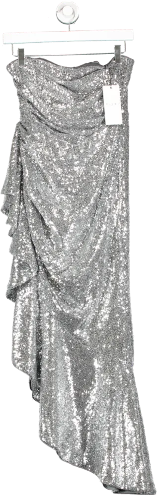 Club L Metallic New World Silver Sequin Strapless Maxi Dress With Ruffles UK 8