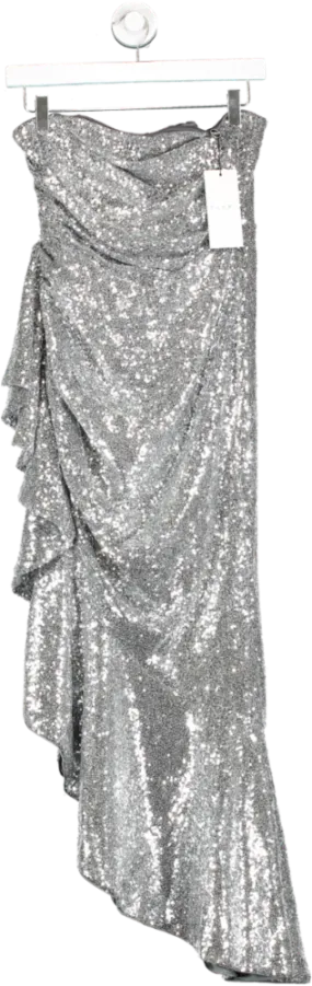 Club L Metallic New World Silver Sequin Strapless Maxi Dress With Ruffles UK 8