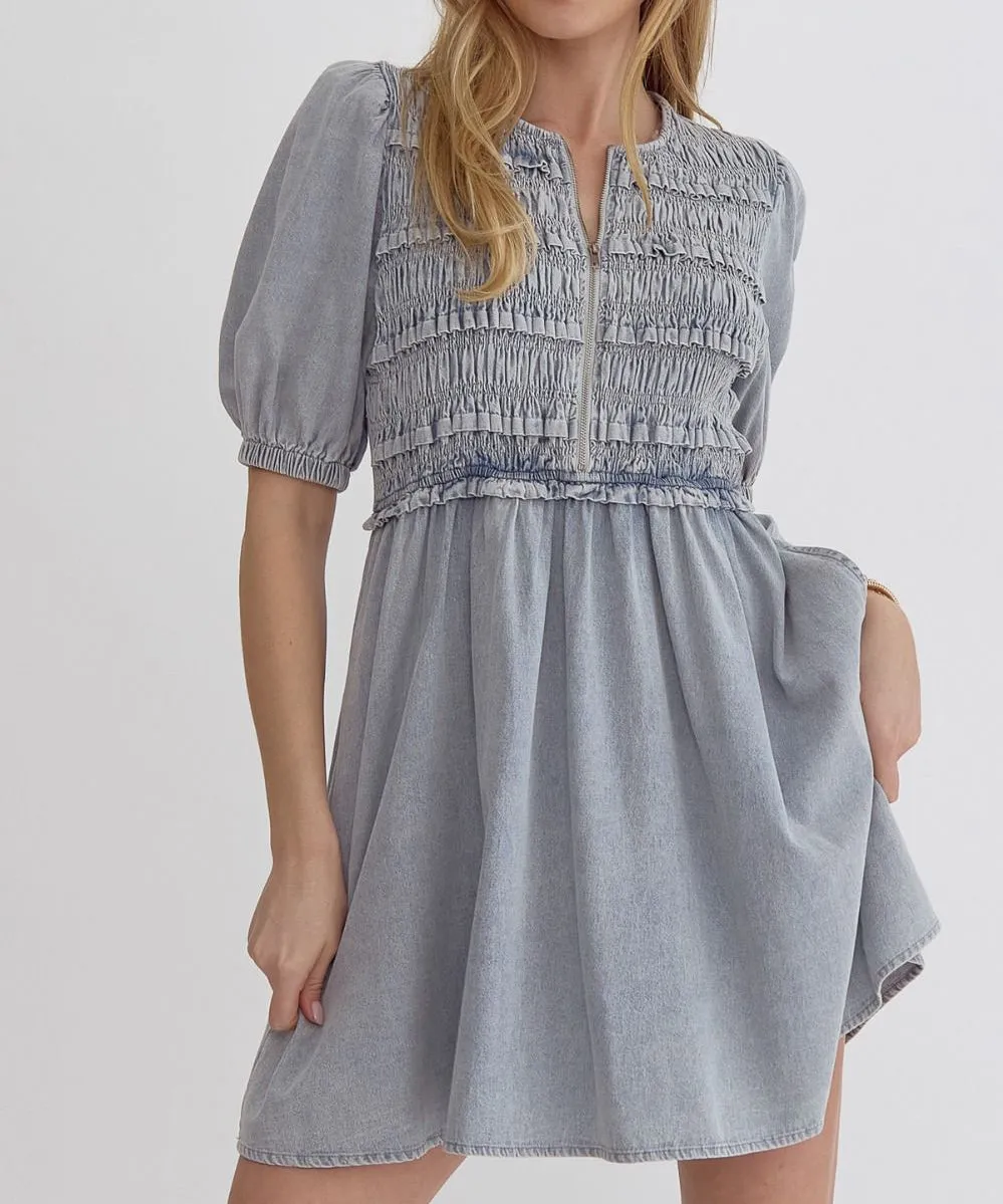 Denim Dress with Short Sleeves - Light Blue