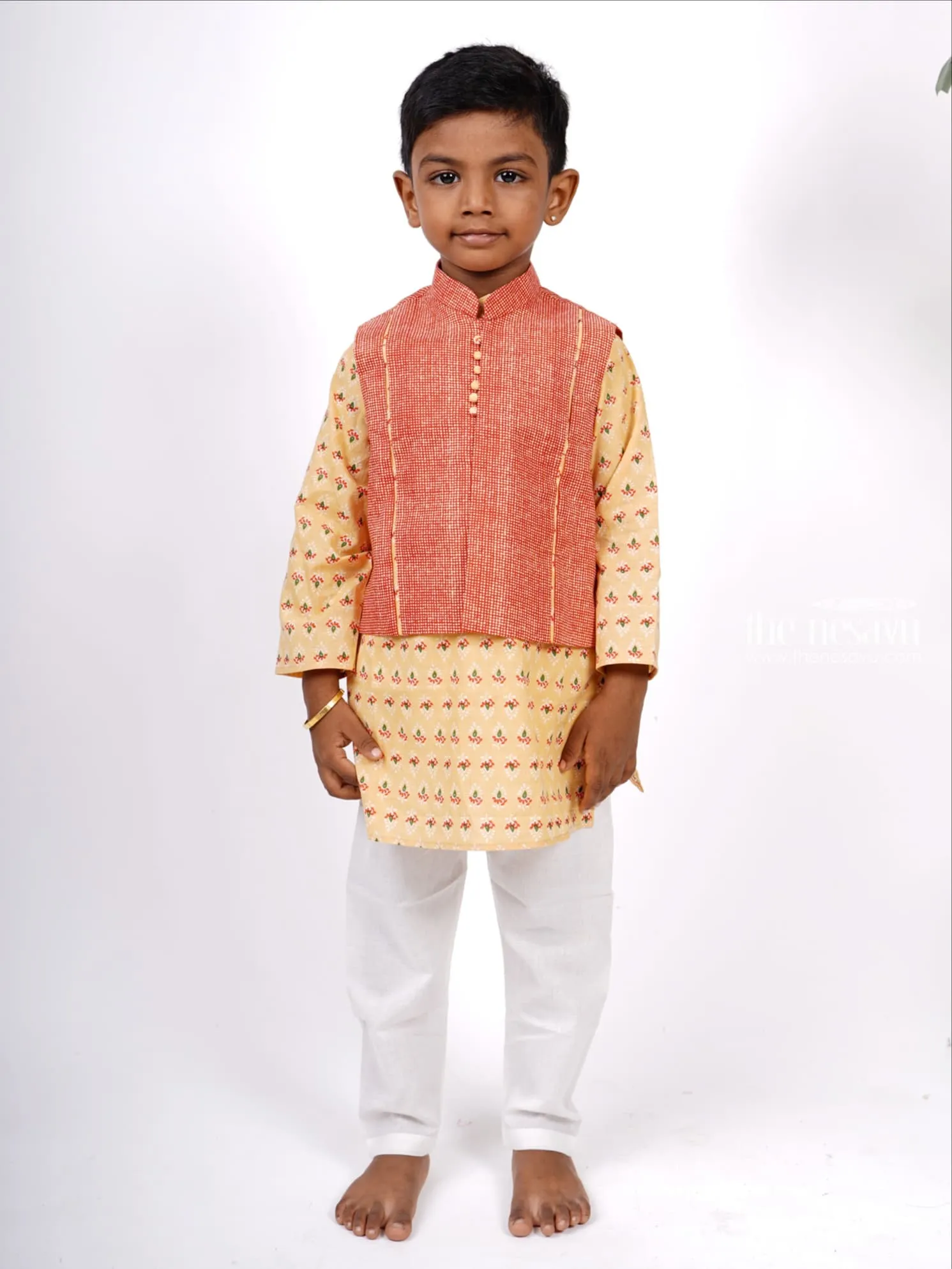 Designer Block Printed Kurta and Jacket with Pant Suit for Baby Boys