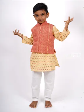 Designer Block Printed Kurta and Jacket with Pant Suit for Baby Boys