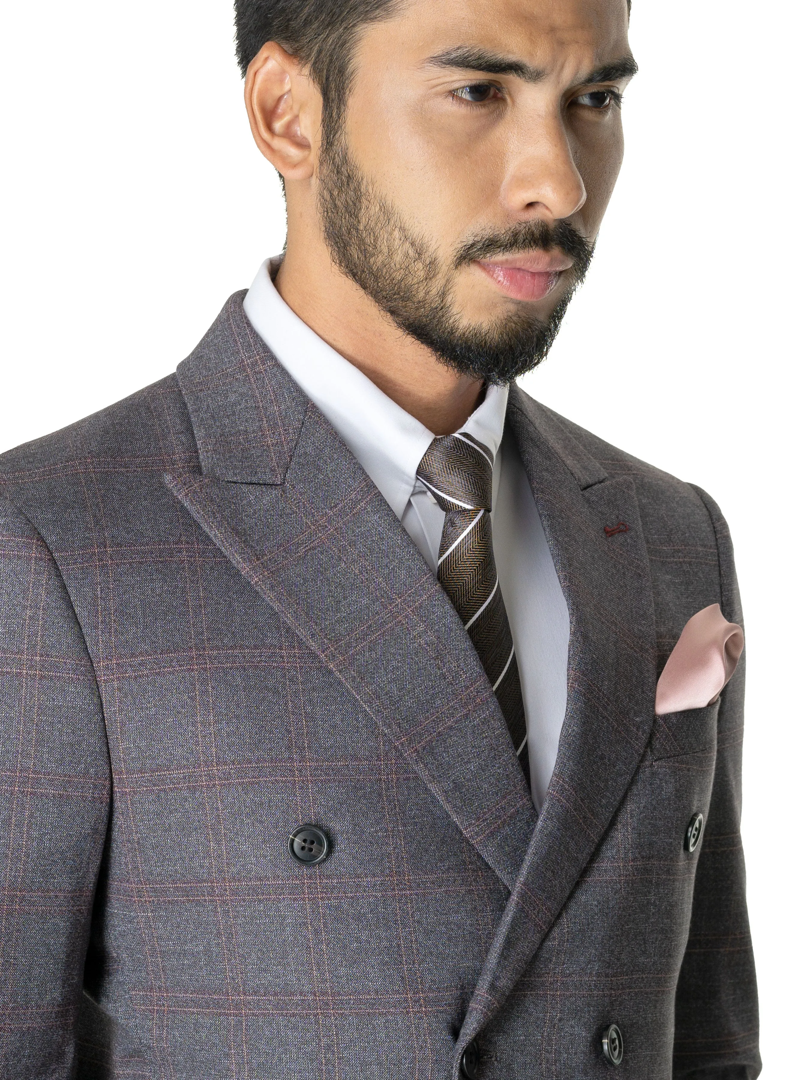 Double Breasted Suit Blazer - Dark Grey Checkered (Peak Lapel)