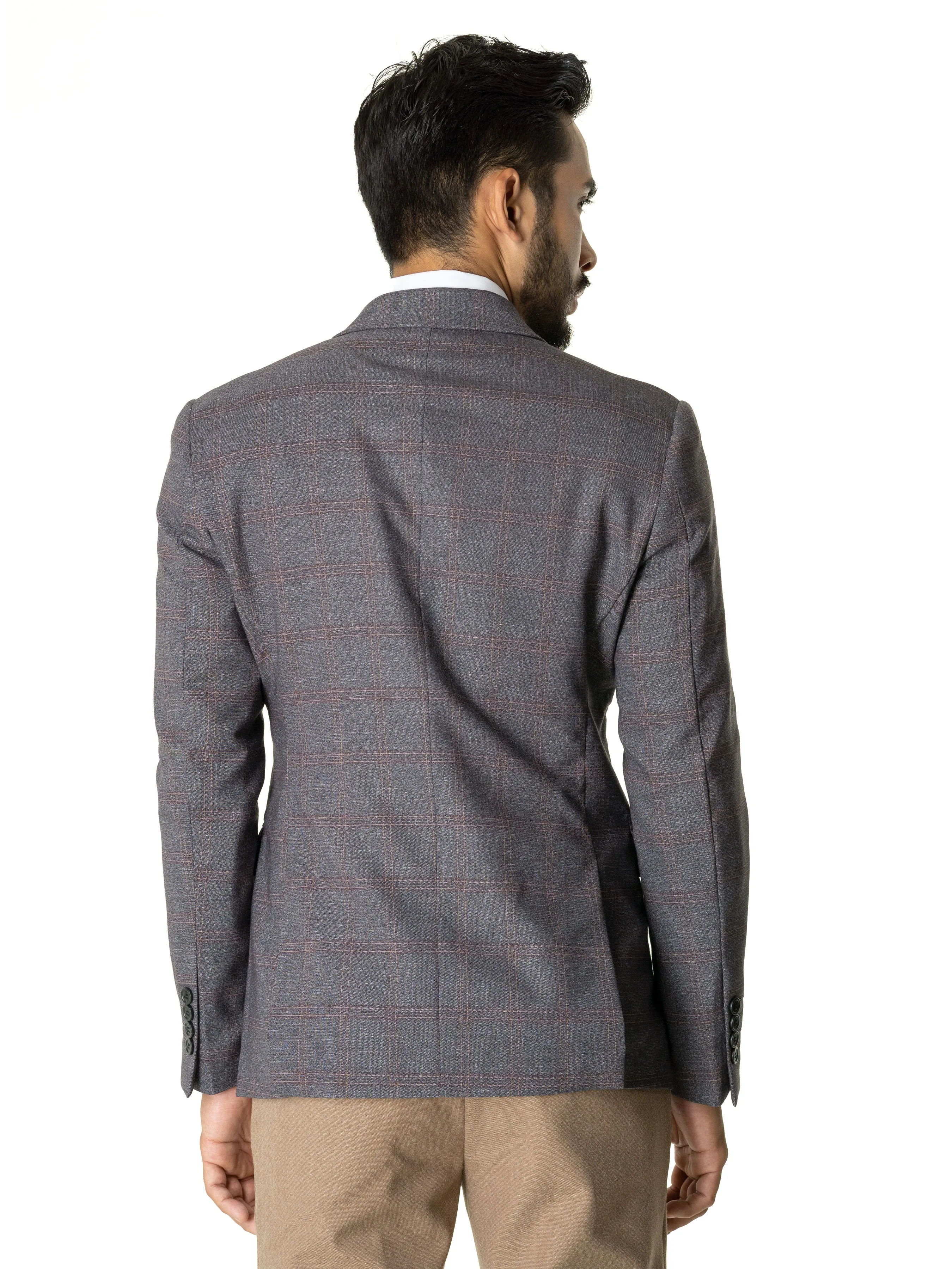 Double Breasted Suit Blazer - Dark Grey Checkered (Peak Lapel)