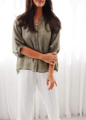 Elena Olive Linen Blouse