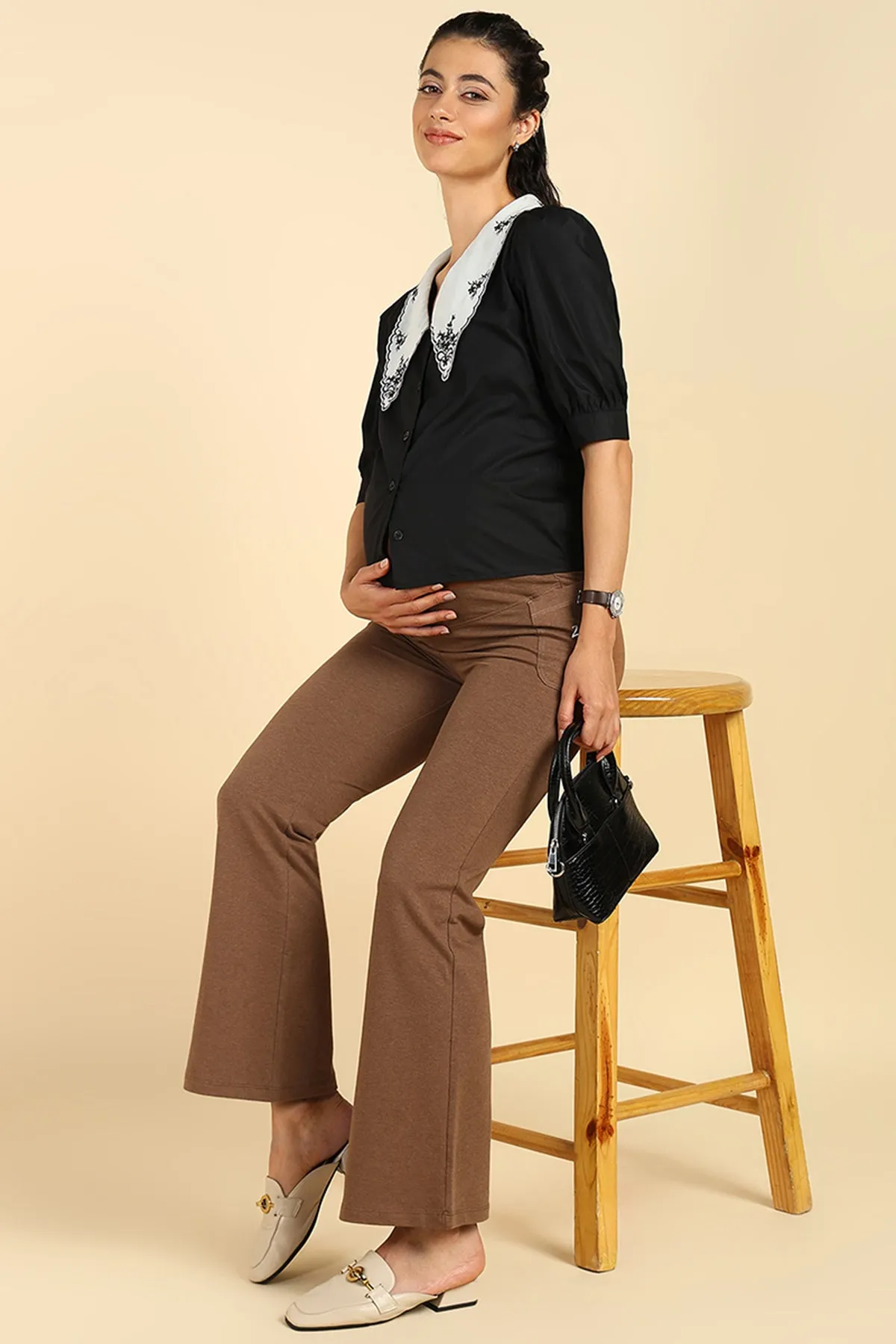 Fit & Flare Cotton Melange Brown Maternity Pants (Pregnancy & Postpartum)