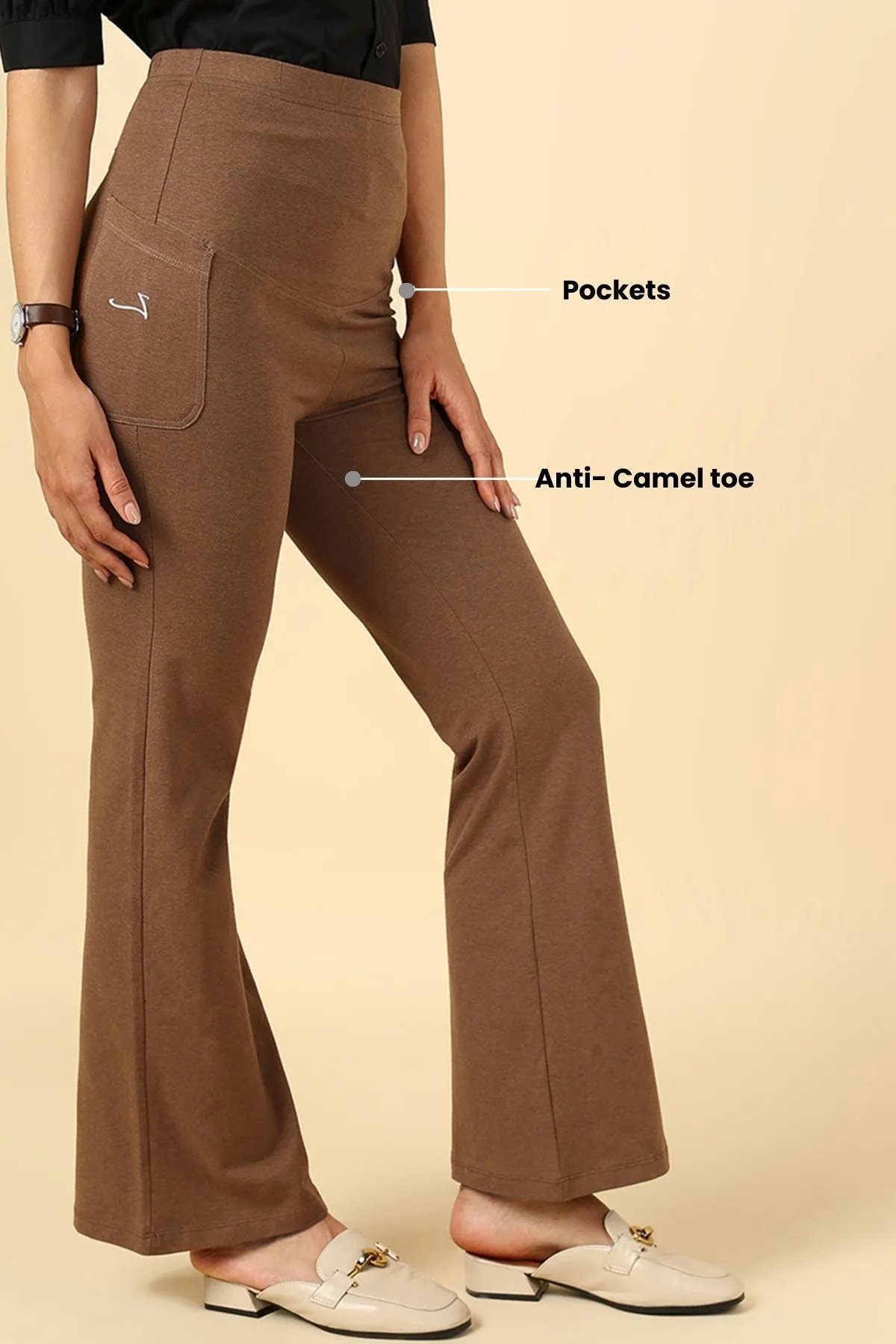 Fit & Flare Cotton Melange Brown Maternity Pants (Pregnancy & Postpartum)