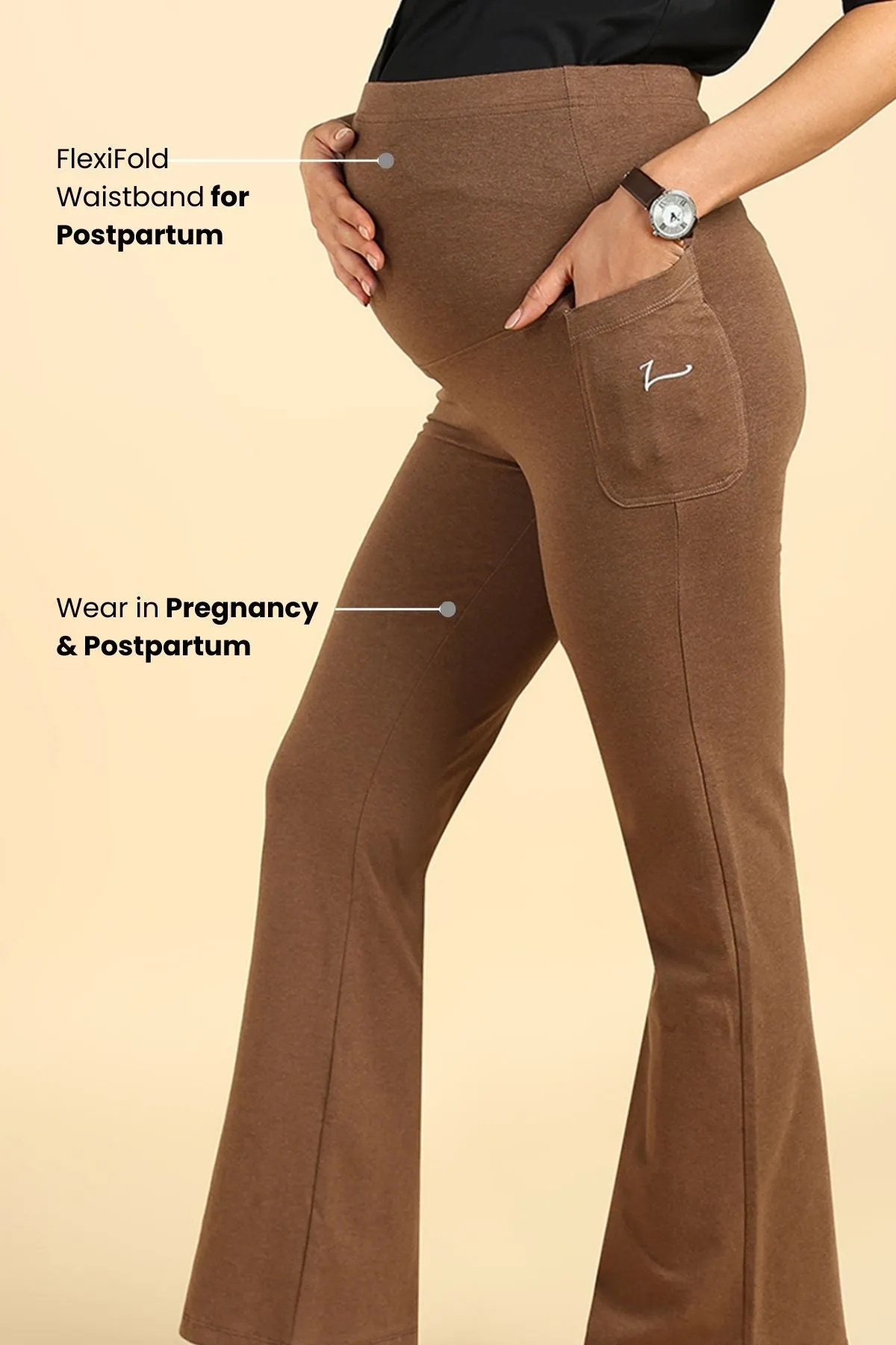 Fit & Flare Cotton Melange Brown Maternity Pants (Pregnancy & Postpartum)