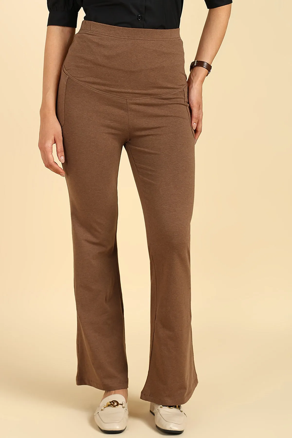 Fit & Flare Cotton Melange Brown Maternity Pants (Pregnancy & Postpartum)