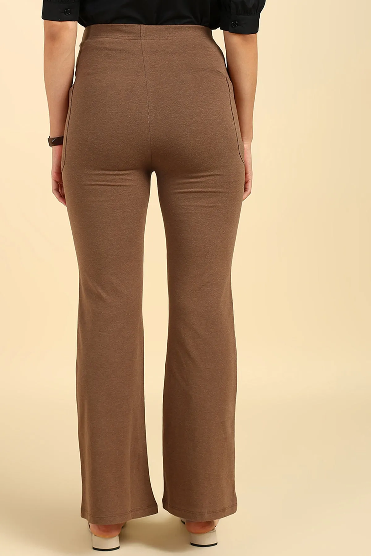 Fit & Flare Cotton Melange Brown Maternity Pants (Pregnancy & Postpartum)