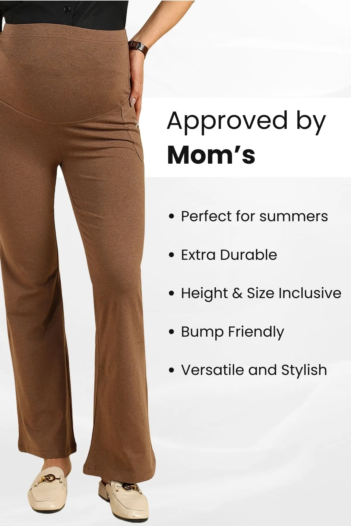 Fit & Flare Cotton Melange Brown Maternity Pants (Pregnancy & Postpartum)