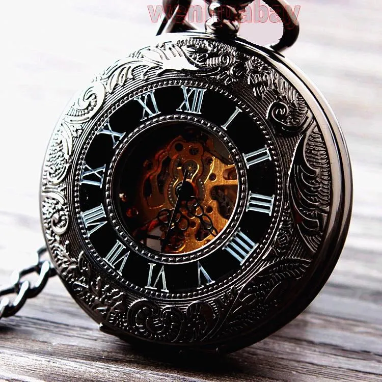 Floral Steel Quartz Mechanical Pocket Watch with Fob Chain