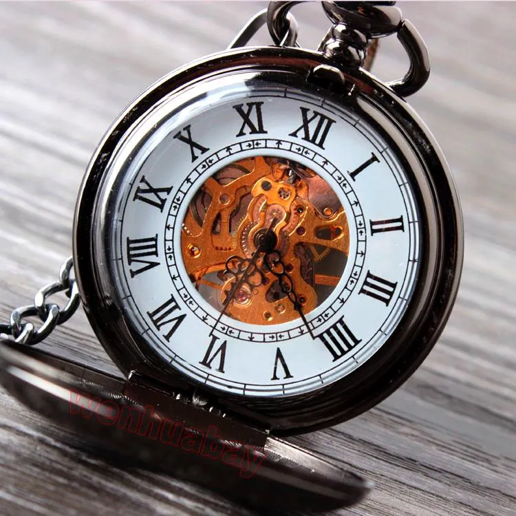 Floral Steel Quartz Mechanical Pocket Watch with Fob Chain