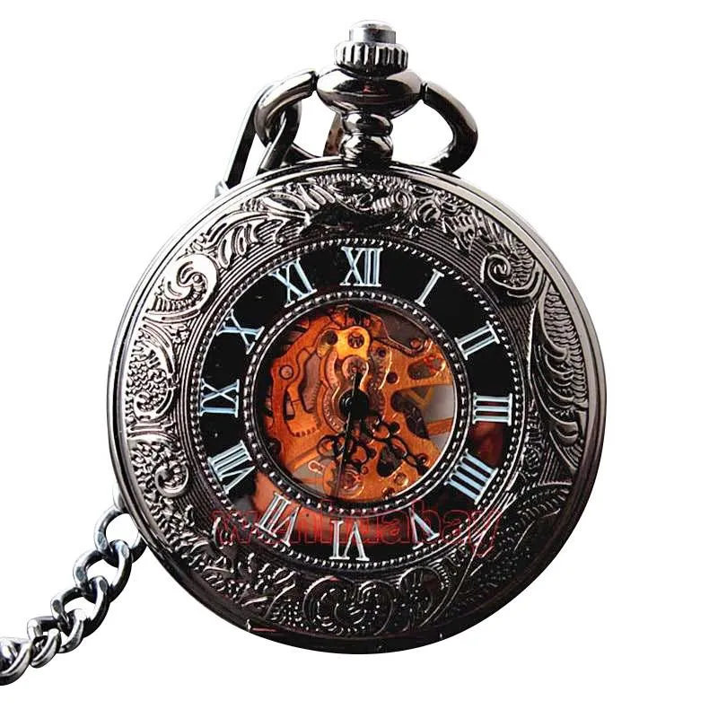 Floral Steel Quartz Mechanical Pocket Watch with Fob Chain