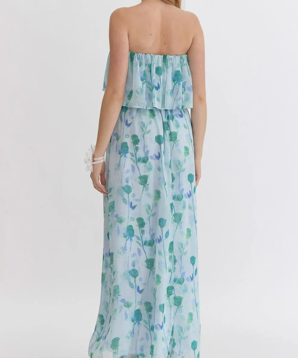 Floral Strapless Maxi Dress - Green Multi