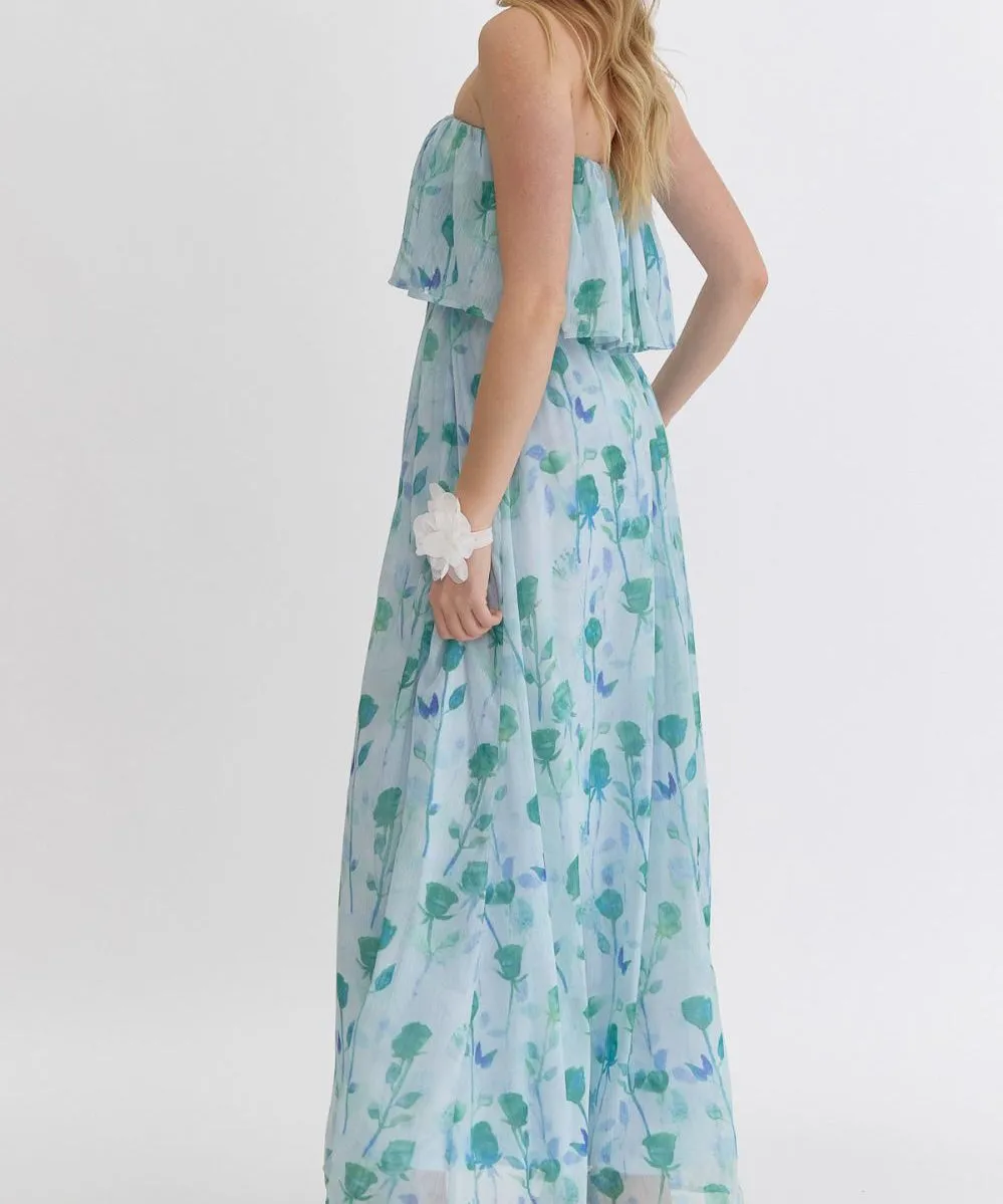 Floral Strapless Maxi Dress - Green Multi