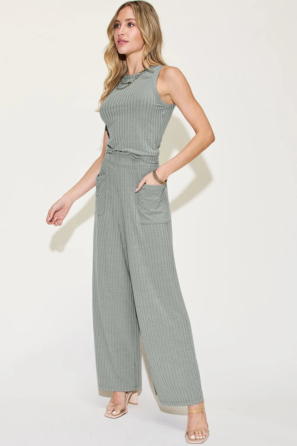 Full Size Ribbed Tank and Wide Leg Pants Set