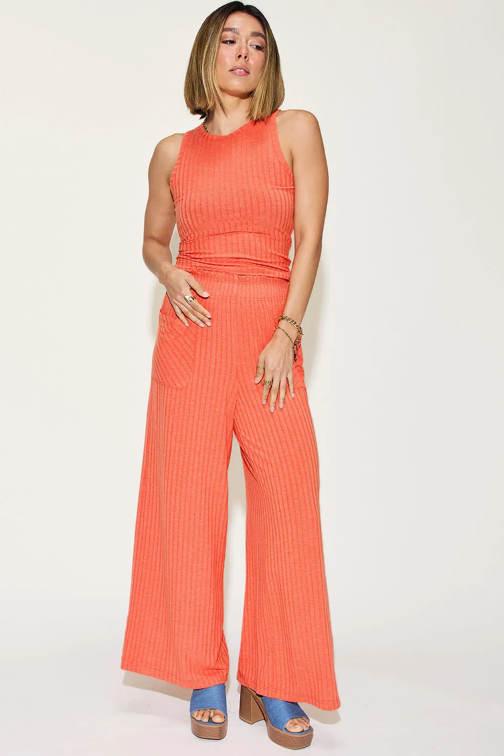 Full Size Ribbed Tank and Wide Leg Pants Set