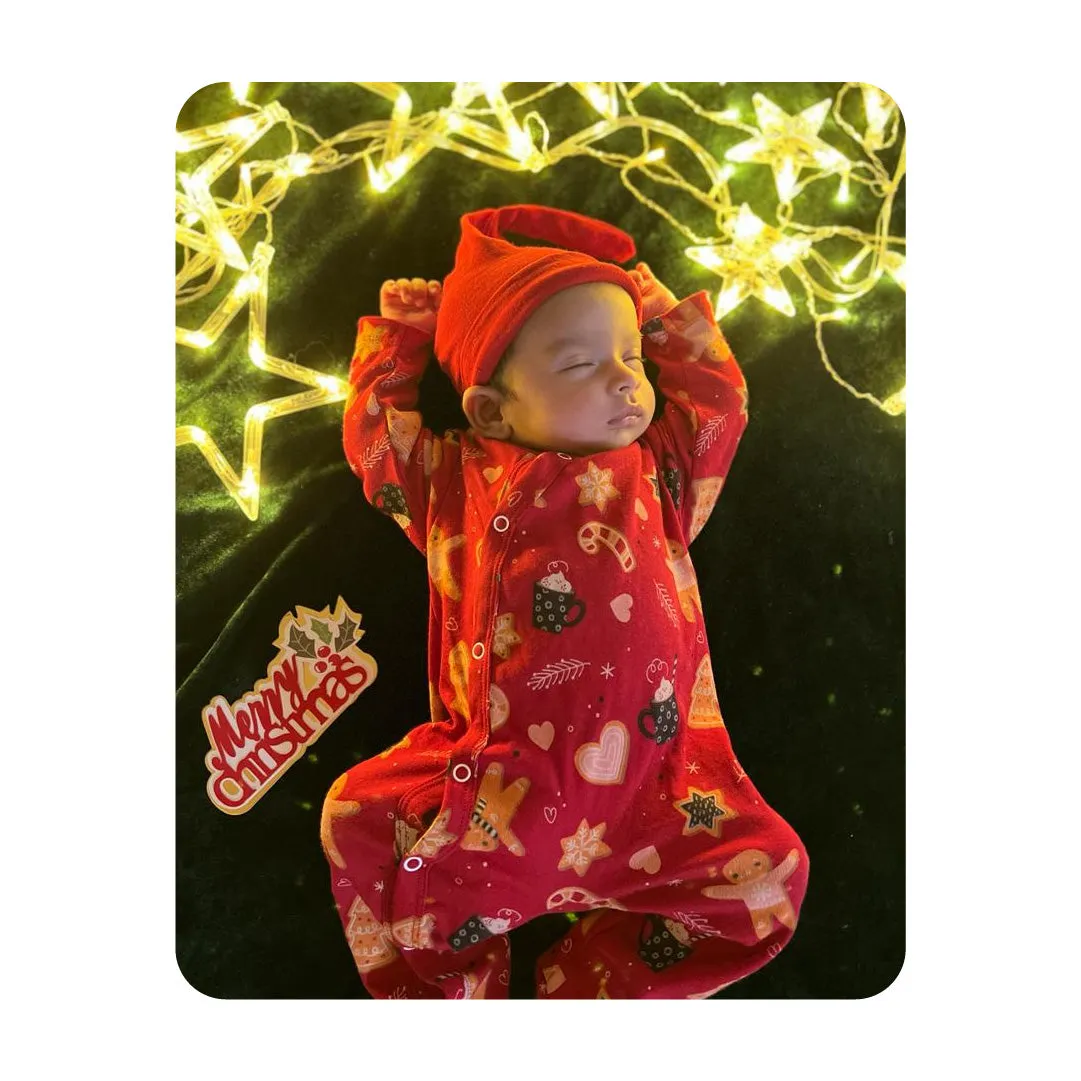 Full Sleeve Cotton Sleep Suit/ Romper  - Red Festive Pattern