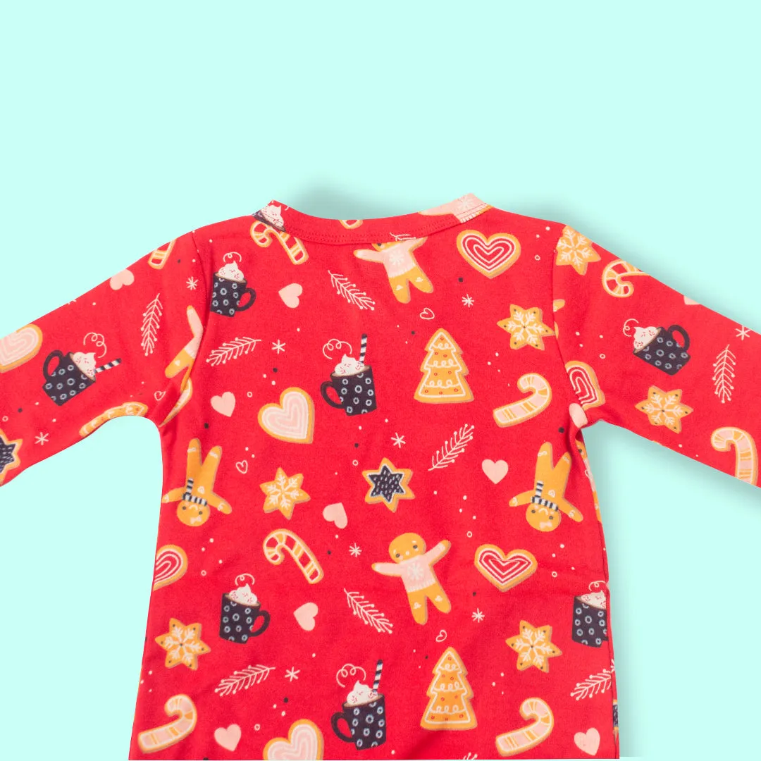 Full Sleeve Cotton Sleep Suit/ Romper  - Red Festive Pattern