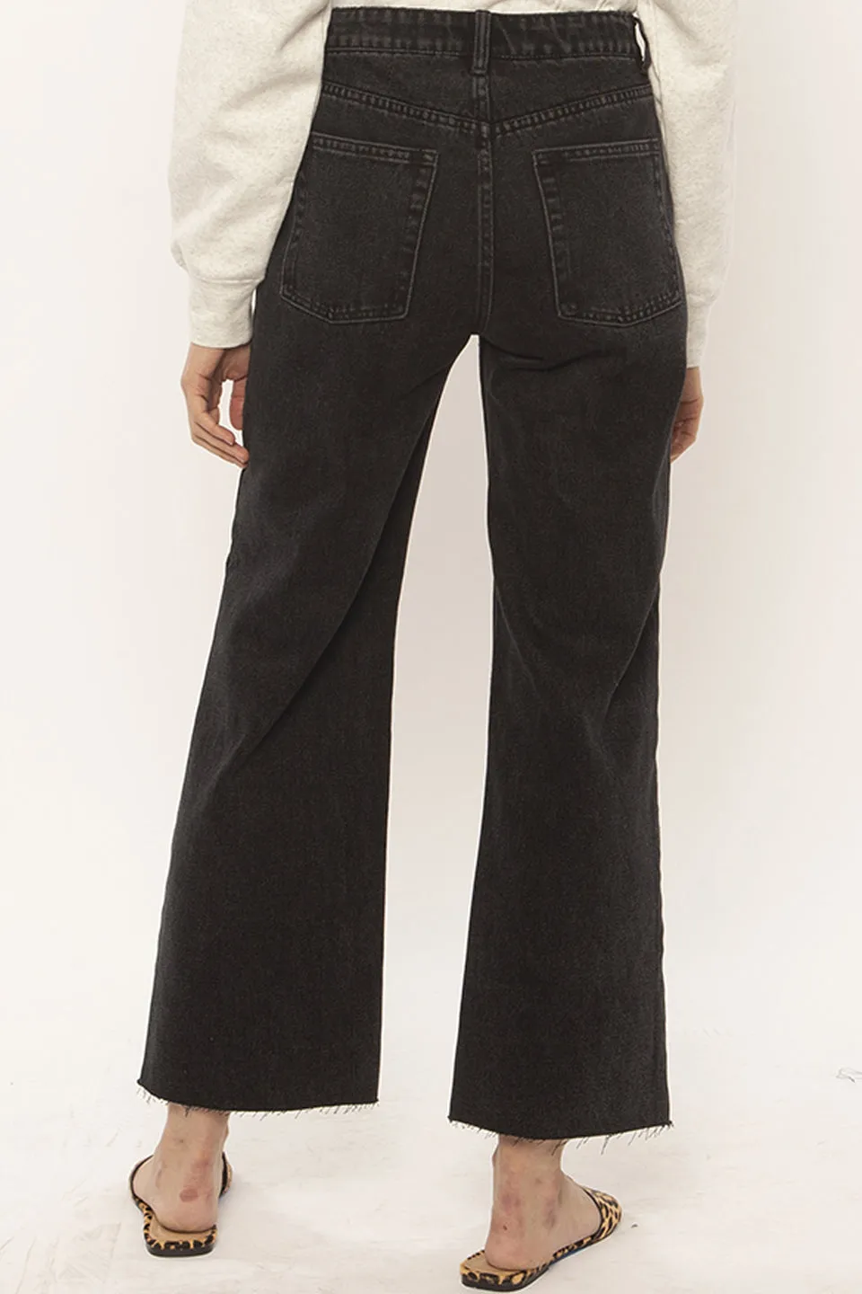 Gabi Crop Flared Washed Black Denim Pant