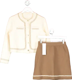 Goelia Cream Brown/cream Knitted Cropped Jacket And Skirt Two Piece Suit UK S