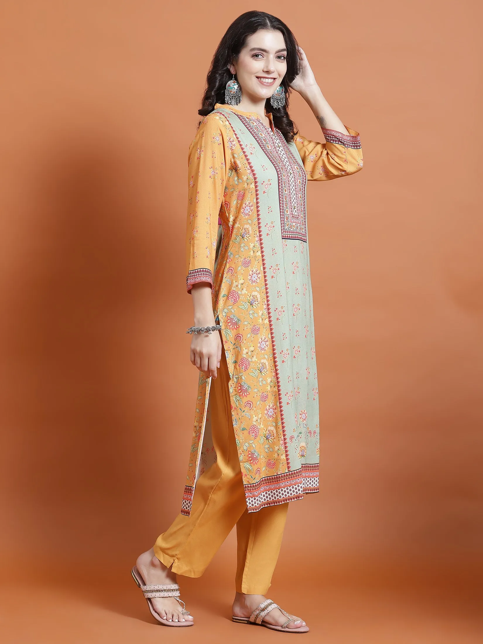 Indiessence Women Mustard Floral Print Kurta Trouser Dupatta