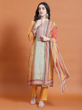 Indiessence Women Mustard Floral Print Kurta Trouser Dupatta